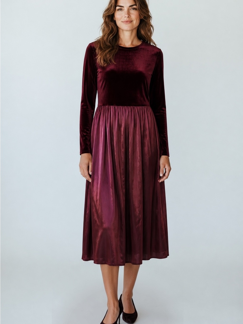 VTG Molly Malloy Petite Size 12 Long Midi Dress Burgundy Merlot Velvet Holiday